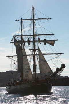 Zebu sailing down Holyhead harbour